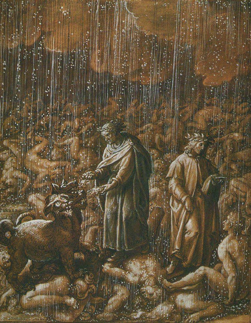 Dante dan Virgil serta Cerberus di lingkaran Neraka ke-3. (wikimedia.org)