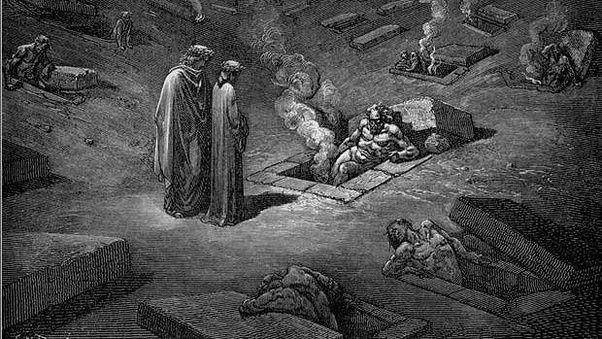 Dante dan Virgil berbicara dengan seorang jiwa yang dikutuk karena bidah. (wikimedia.org)