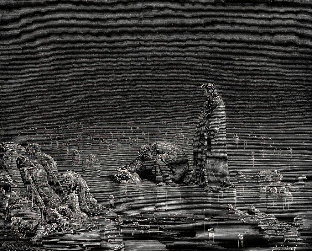 Dante dan Virgil melihat jiwa-jiwa para pengkhianat di lingkaran Neraka terakhir. (wikimedia.org)