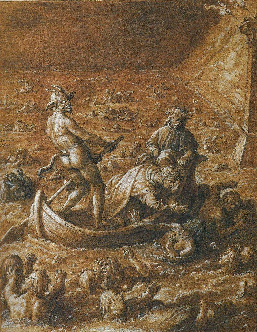 Dante dan Virgil mengarungi Sungai Styx dan melihat jiwa-jiwa penuh amarah. (wikimedia.org)