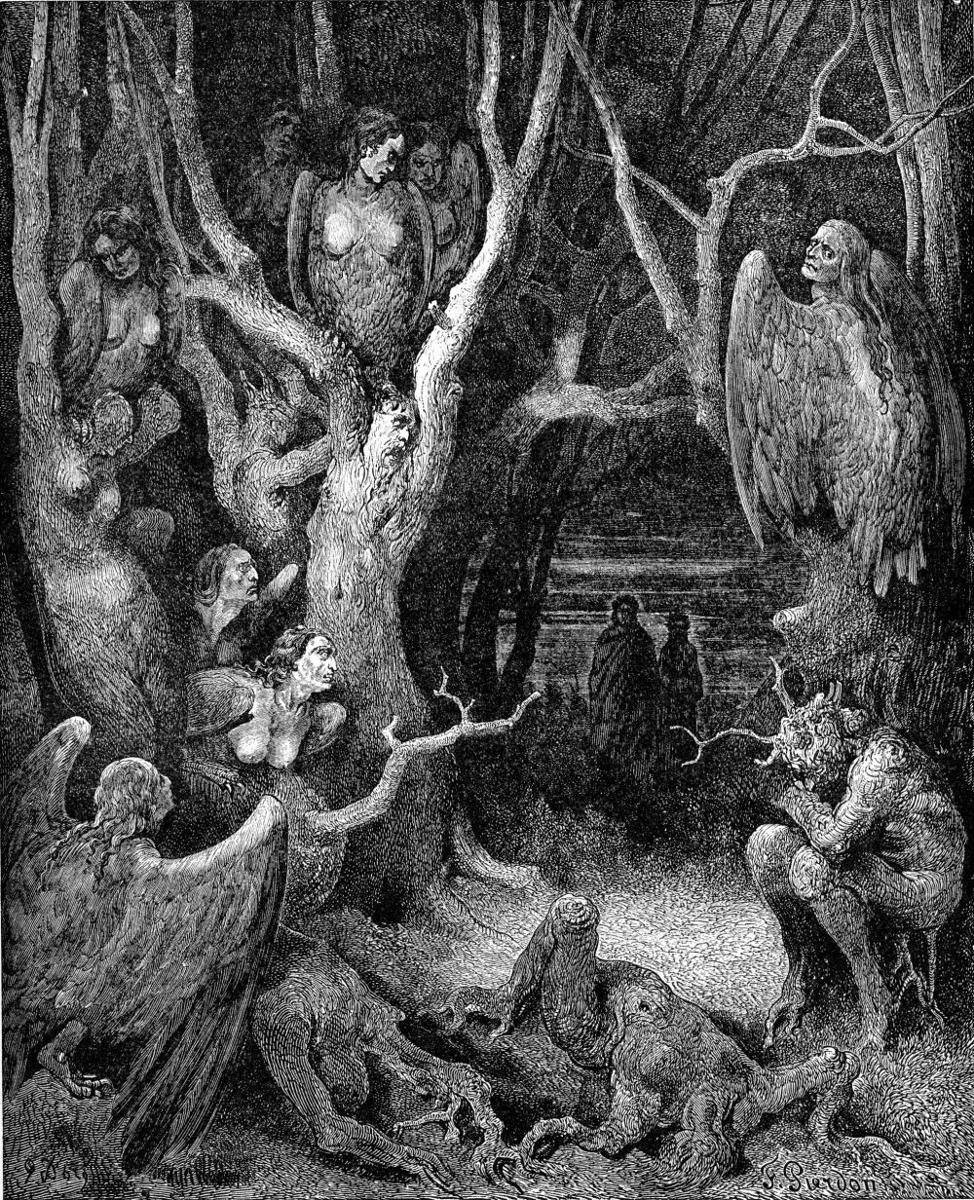 Dante dan Virgil memasuki hutan berisi jiwa-jiwa yang telah bunuh diri, makanan para Harpy. (wikimedia.org)