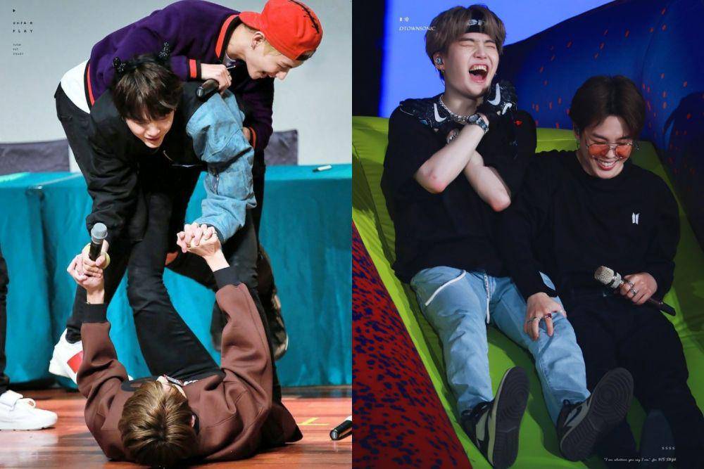 interaksi antara Suga dan trio maknae BTS (twitter.com/nancnk_ | twitter.com/dtownsonic_suga)