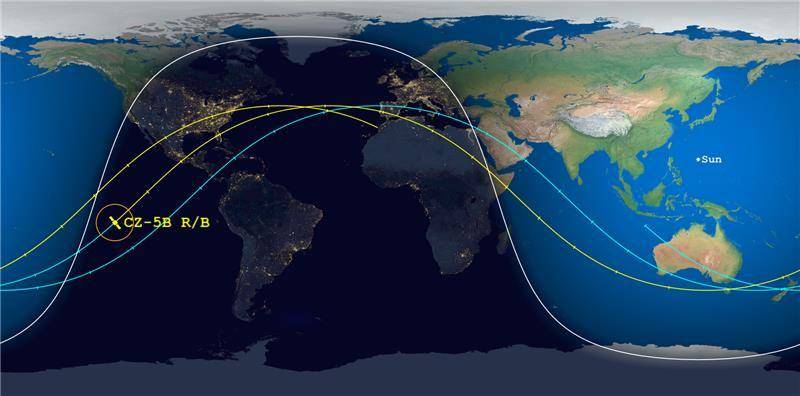 Prediksi jalur jatuhnya puing roket Long March 5B yang dikeluarkan oleh Aerospace Corporation pada 9 Mei 2021. (twitter.com/AerospaceCorp)