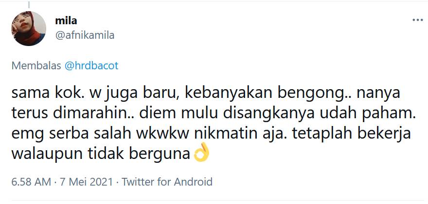 Curhatan netizen awal kerja (twitter.com/afnikamila)