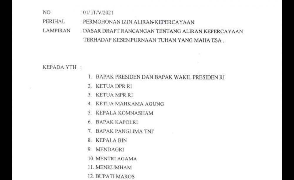 Tangkapan layar surat permohonan aliran kepercayaan baru/Screenshot