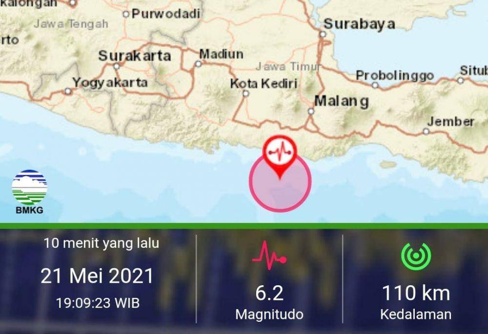 Gempa bumi magnitudo 6,2 di Blitar, Jumat (21/5/2021). (Dok. BMKG)