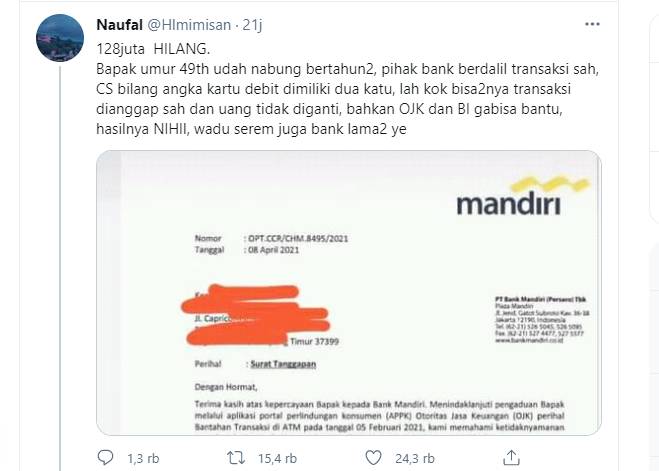 Uang nasabah hilang (https://twitter.com/Hlmimisan)
