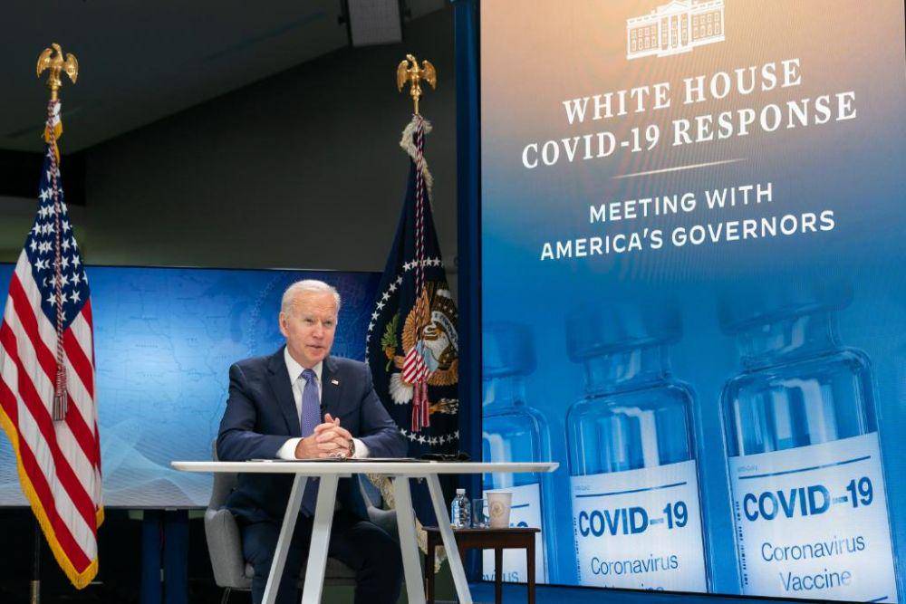 Presiden AS Joe Biden saat pertemuan dengan gubernur AS pada 12 Mei 2021, yang membahas cara melawan COVID-19. (Twitter.com/President Biden)