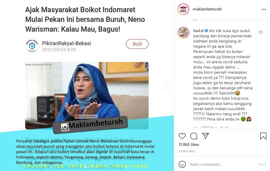 komentar Inul Daratista (instagram.com/maklambeturah)