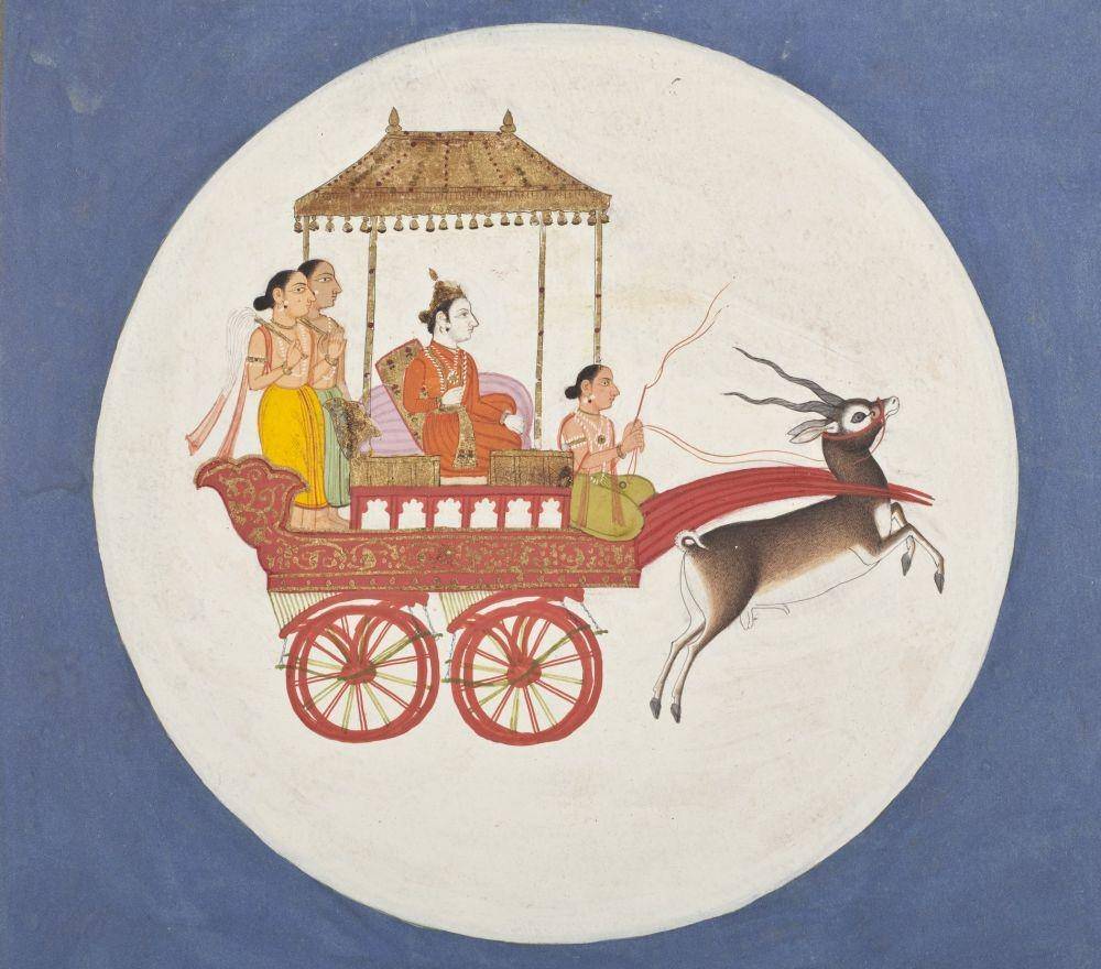 Dewa Bulan Chandra menaiki kereta yang ditarik antelop. (wikimedia.org)