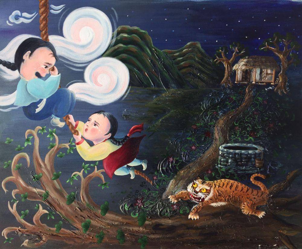 lukisan Haesik dan Dalsun memanjat tali ke langit untuk kabur dari harimau (pinterest.com)