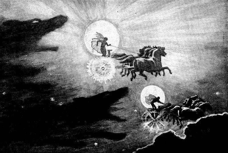 lukisan Sól (atas) dan Máni (bawah) dikejar dua serigala saat Ragnarök (aminoapps.com)