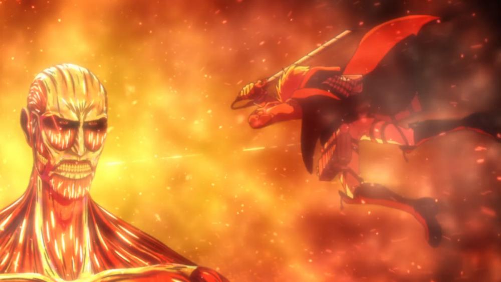 Armin dibakar hidup-hidup oleh Colossal Titan. (dok. Crunchyroll/Attack on Titan)