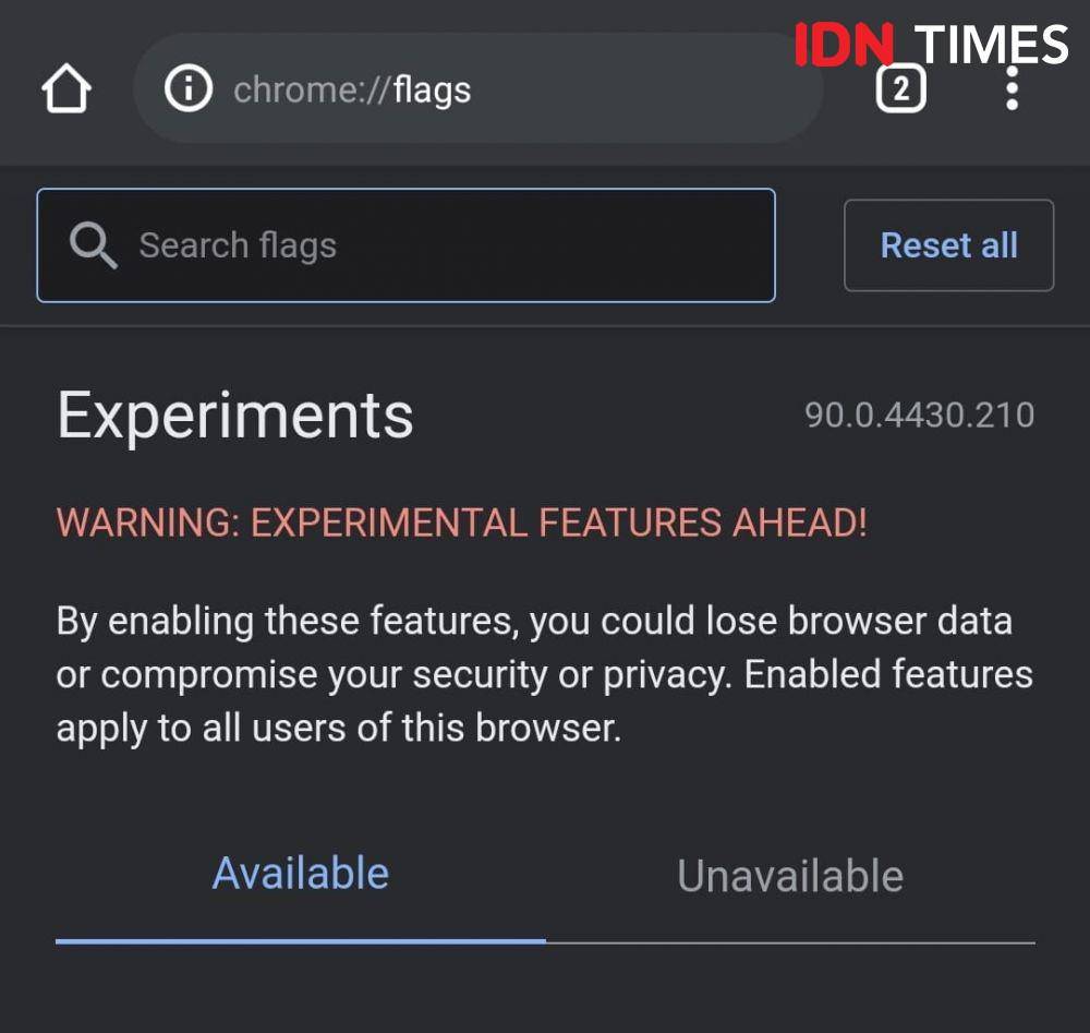 opsi fitur eksperimental "flags" pada Google Chrome Android (IDN Times/Alfonsus Adi Putra)
