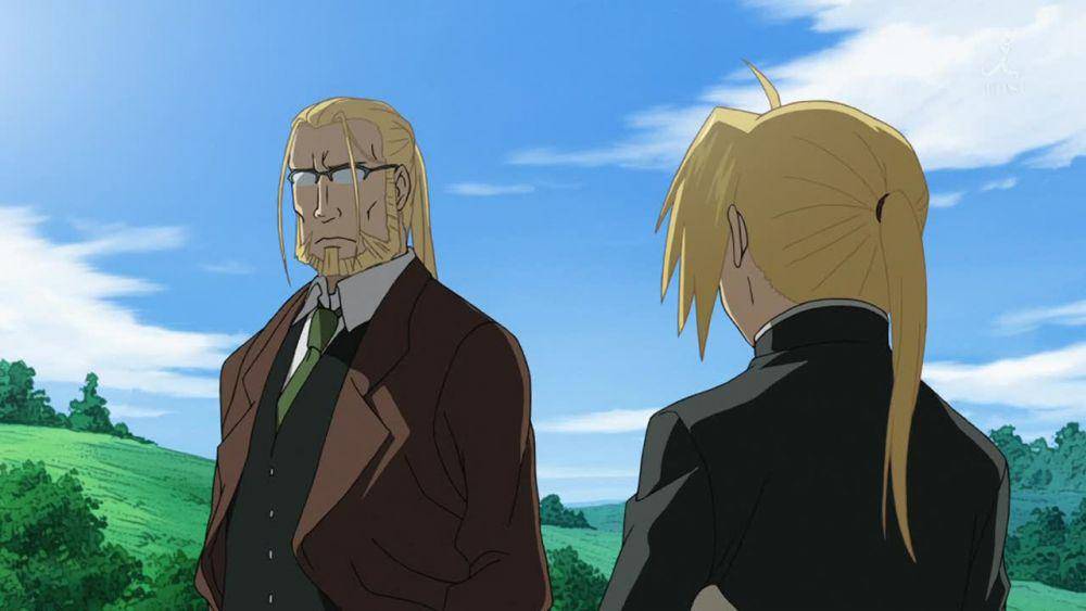 Hohenheim berbincang dengan Ed. (dok. Studio Bones/Fullmetal Alchemist: Brotherhood)
