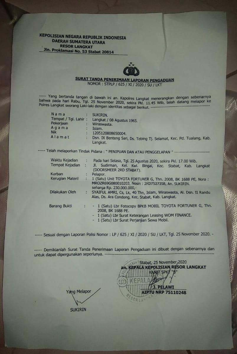 Bukti tanda laporan Sukirin, yang dilayangkan ke Polres Langkat (IDN Times/ istimewa)