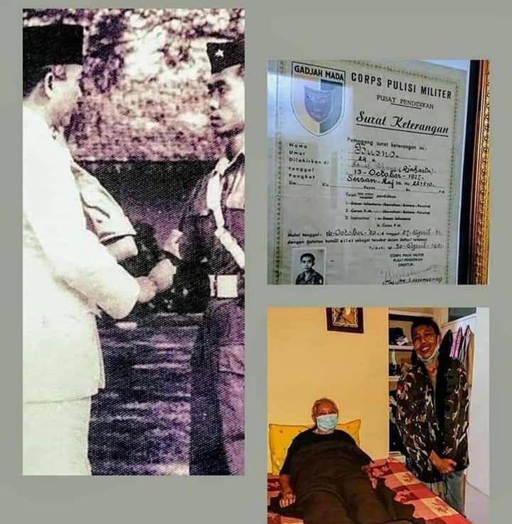 Beberapa foto Koesno zaman dulu dan zaman sekarang serta bukti bahwa Koesno adalah Corps Polisi Militer. (dok. Keluarga Koesno, facebook.com/Benny Rusmawan)
