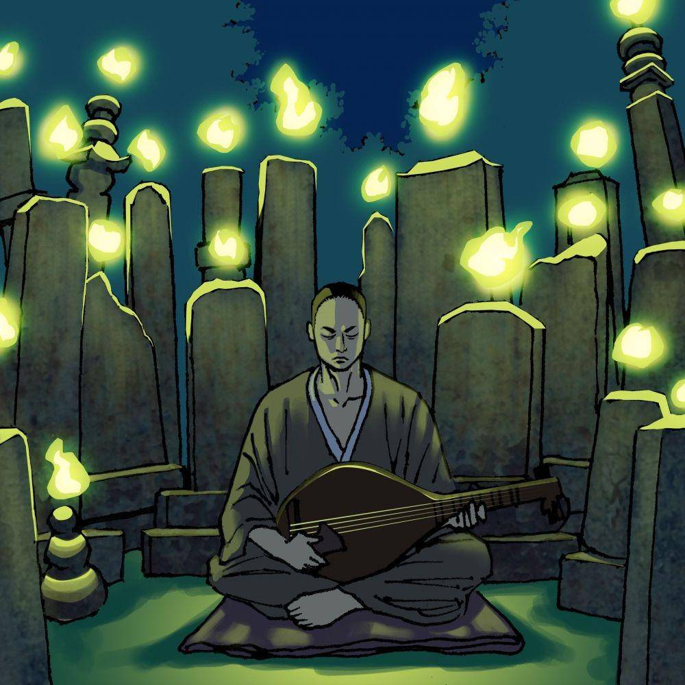 ilustrasi Hoichi sedang bermain biwa (pinterest.com)