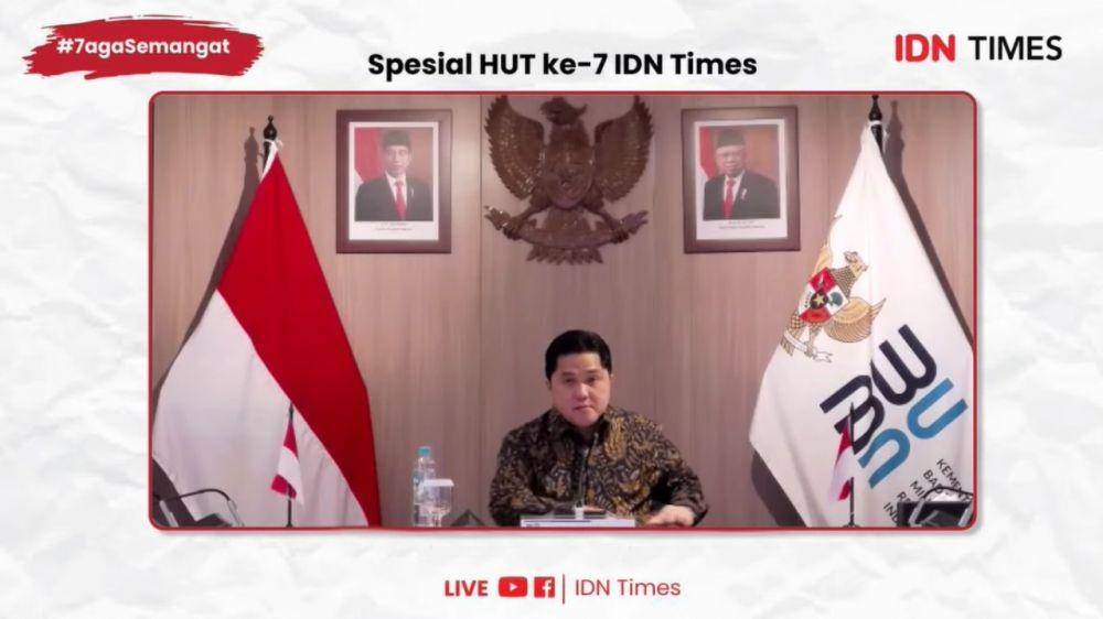 Menteri BUMN Erick Thohir dalam Webinar HUT ke-7 IDN Times "BUMN Dukung Daerah Bangkit dari COVID-19" pada Selasa (15/6/2021). (IDN Times/Besse Fadhilah)