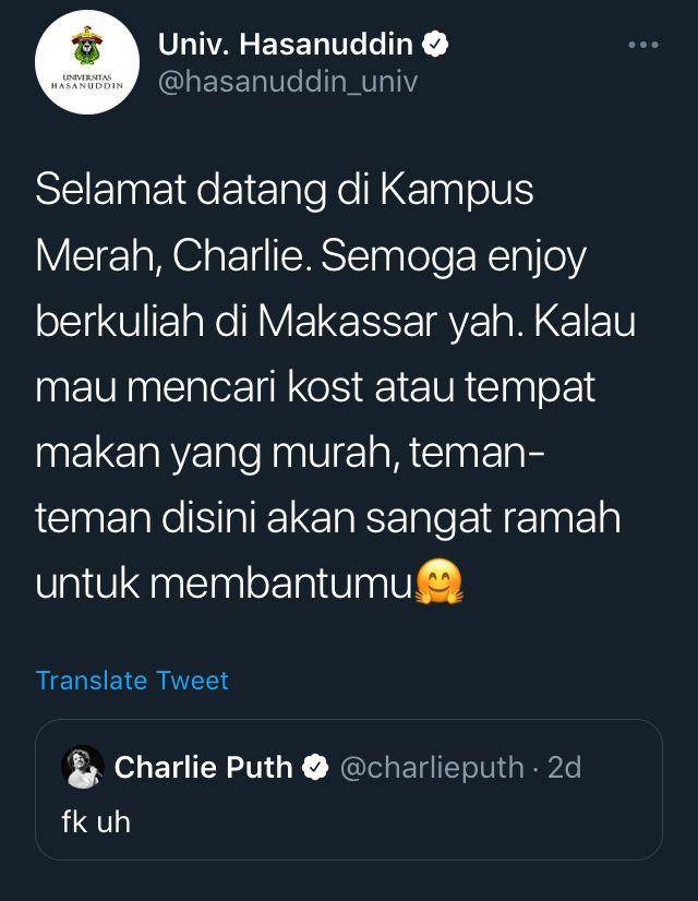 tweet ucapan selamat kepada Charlie Puth (twitter.com/hasanuddin_univ)
