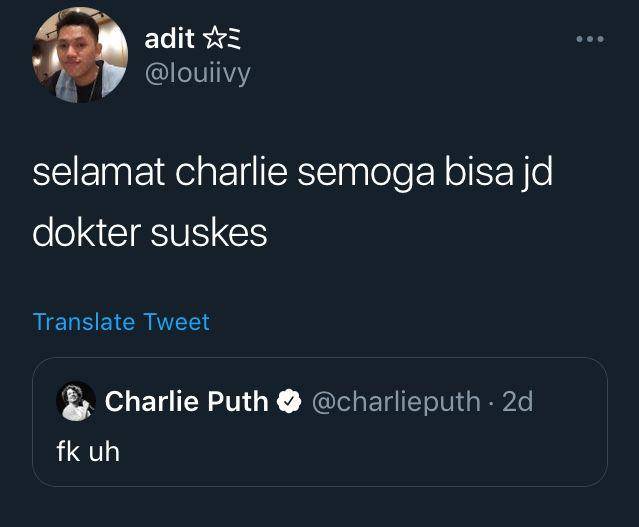 tweet ucapan selamat kepada Charlie Puth (twitter.com/Iouiivy)
