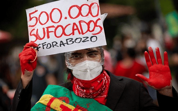 Sebagian warga Brazil mendesak Presiden Brazil, Jair Bolsonaro, untuk melakukan lockdown di negaranya seiring situasi saat ini semakin memburuk setelah mencapai angka 500 ribu kematian. (Twitter.com/jornalistavitor)