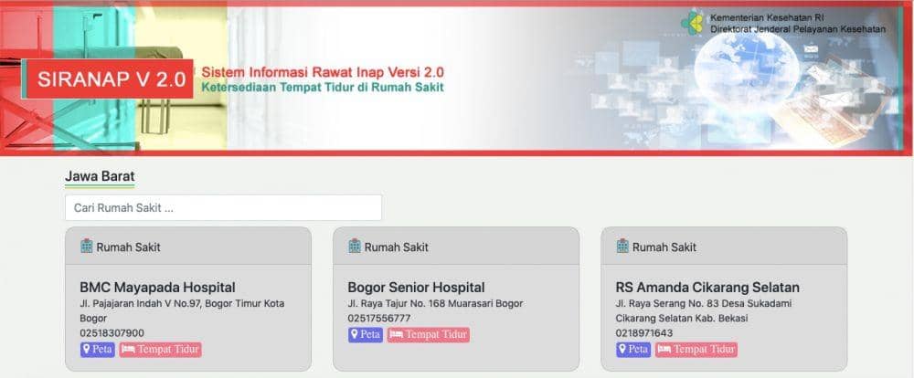 Sistem layanan rawat inap Kementerian Kesehatan (tangkapan layar www.yankes.kemkes.go.id)