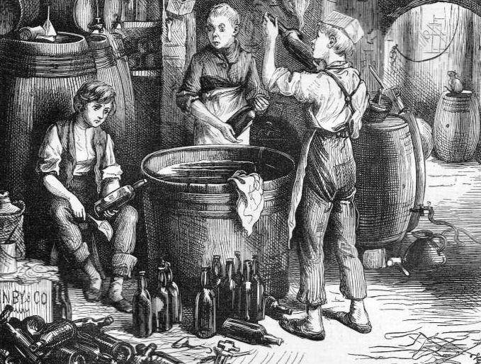 Ilustrasi seorang anak yang bekerja di pabrik pelebelan botol semir sepatu. (victorianweb.org)