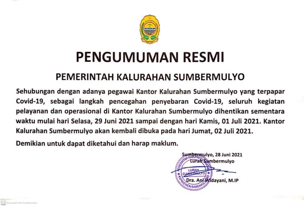 Pengumuman Kalurahan Sumbermulyo tutup sementara akibat adanya perangkat dan staff kalurahan positif COVID-19.(IDN Times/Istimewa)