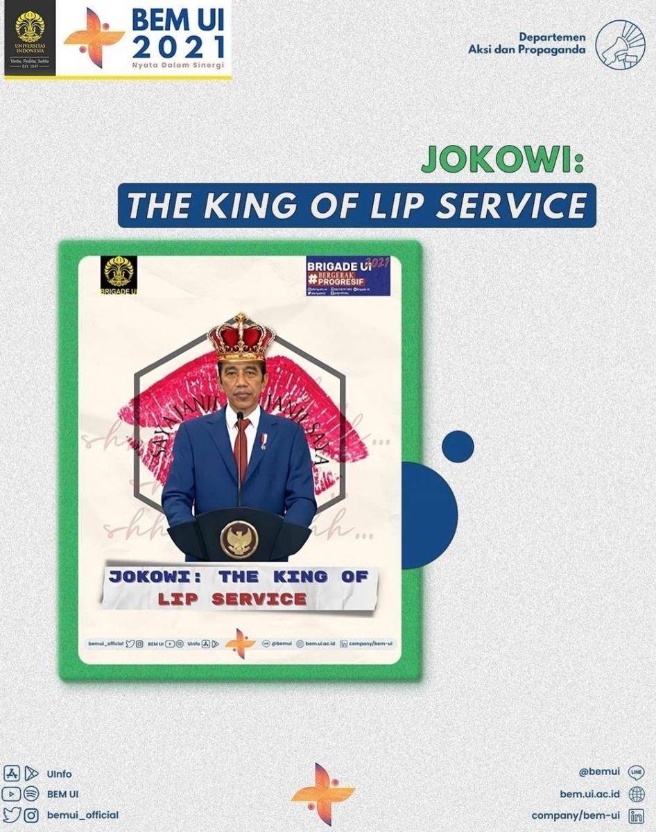 Meme yang disematkan oleh BEM UI bagi Presiden Jokowi The King of Lip Service (www.instagram.com/@bem_uiofficial)