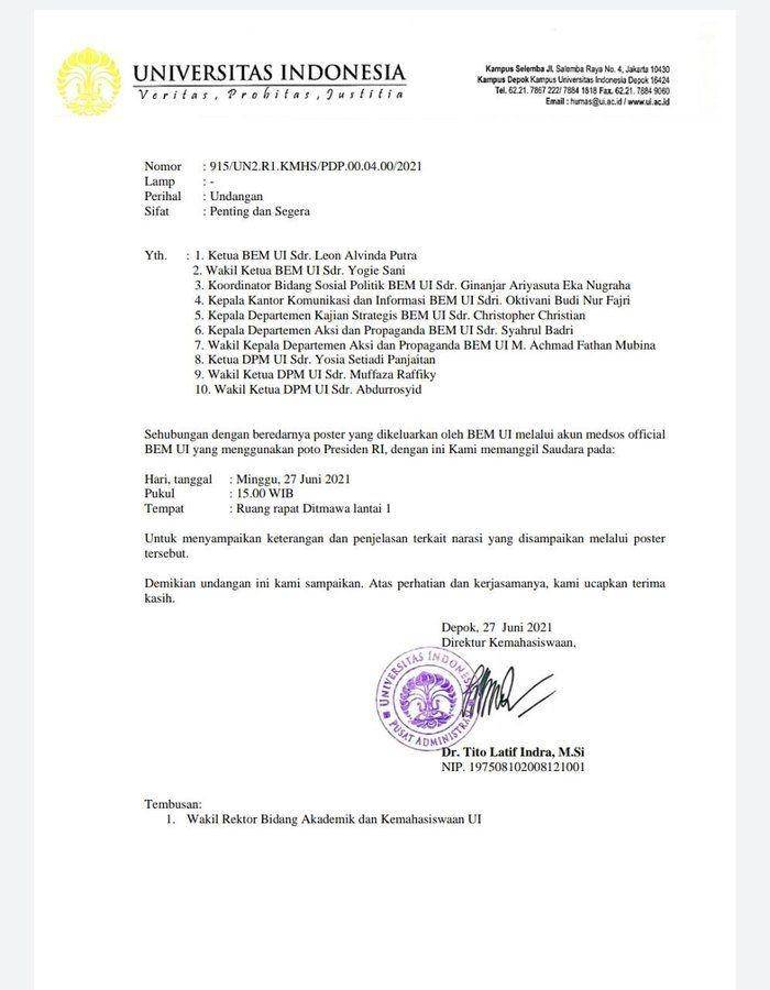 Surat dari rektorat UI yang memanggil pengurus dan fungsional BEM usai menggunggah meme The King of Lip Service (www.twitter.com/@erasmus70)