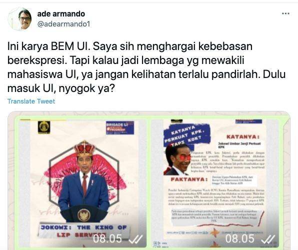Cuitan Ade Armando yang menuding sejumlah mahasiswa bisa masuk ke UI dengan cara menyogok (www.twitter.com/@adearmando1)