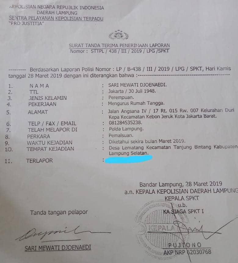 Laporan kepolisian dugaan pemalsuan AJB tanah di Lamsel (IDN Times/Istimewa)