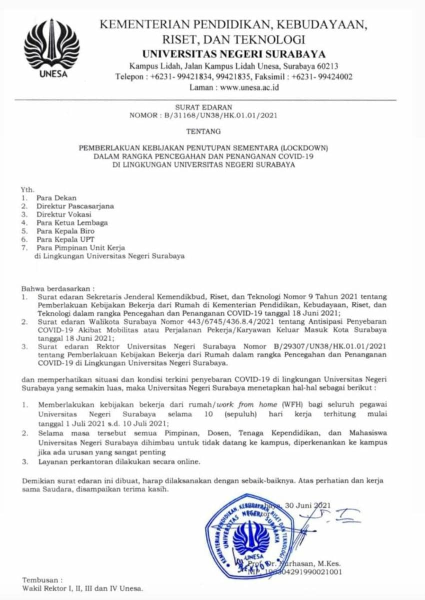 Surat edaran tentang lockdown Unesa. Dokumentasi Unesa