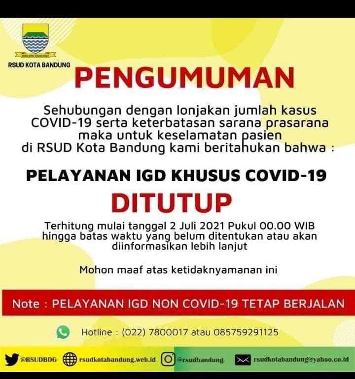 Penuh! RSUD Bandung Tutup Layanan IGD untuk Pasien COVID-19