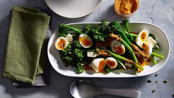 broccolini, soft boiled eggs, and pumpkin seed sauce (sbs.com.au/Brett Sargent)