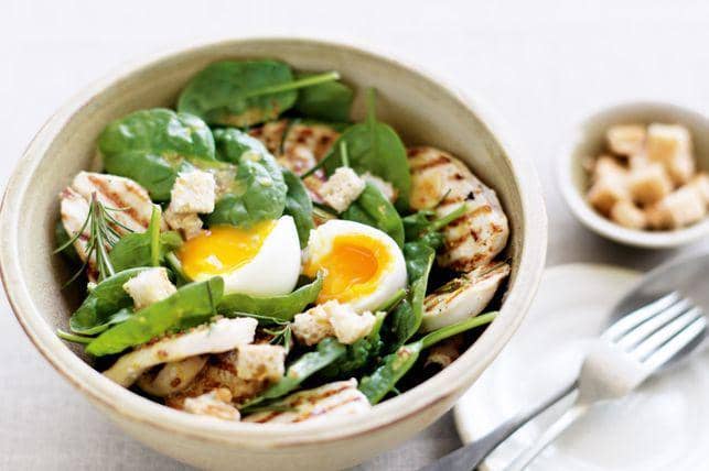 chicken spinach soft boiled egg salad (taste.com.au/Sophia Young)