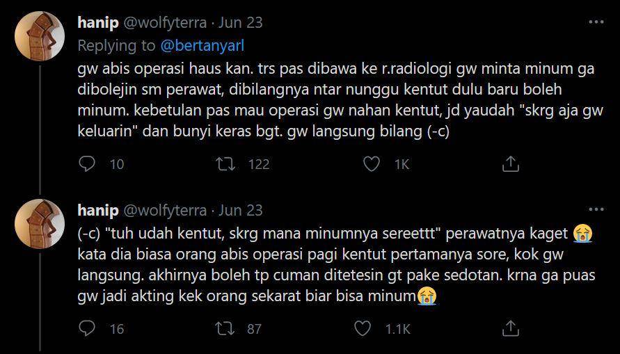 pengalaman lucu netizen pasca operasi (twitter.com/wolfyterra)