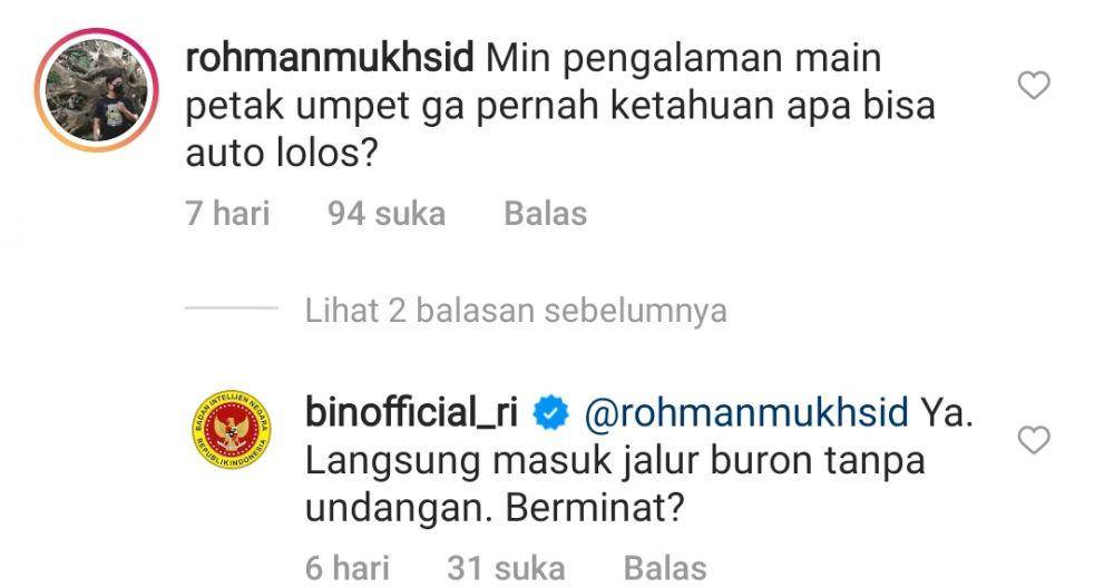 balasan komentar BIN (instagram.com/binofficial_ri)