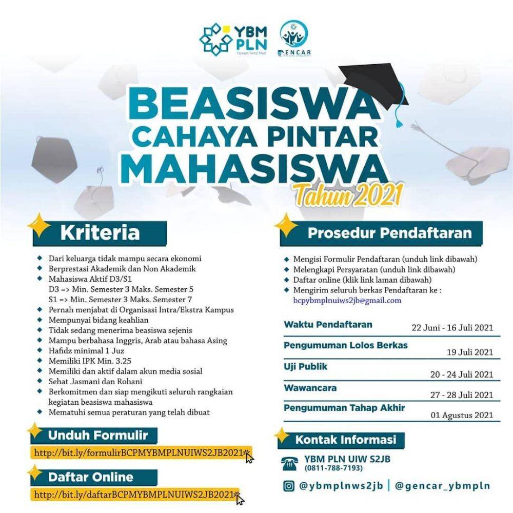 Beasiswa Cahaya Pintar Mahasiswa 2021 (https://www.instagram.com/ybmplnws2jb)