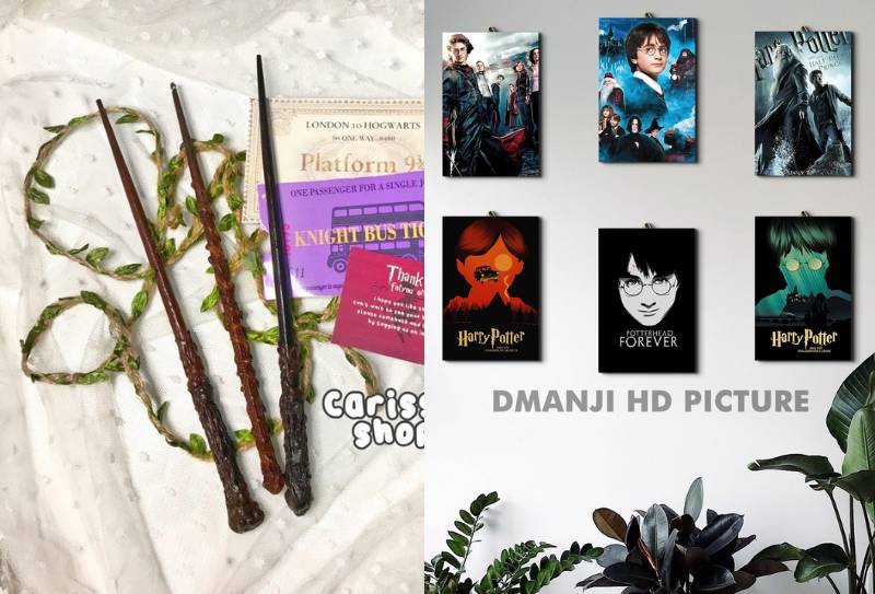 Tongkat sihir Harry Potter (shopee.co.id/carissaputri2578) & Poster Harry Potter (Shopee.co.id/dmanjihd)