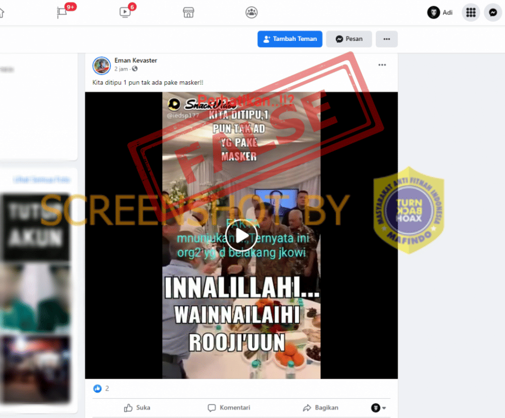 Capture video Jokowi tidak memakai masker (doc:ist/Turnbackhoax.id)