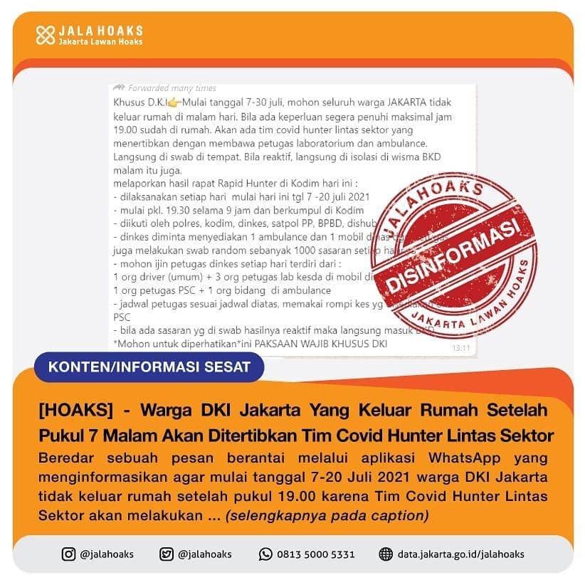 Hoaks warga DKI yang keluar rumah lewat jam 7 malam akan ditertibkan Tim Covid Hunter Lintas Sektor (instagram.com/jalahoaks)