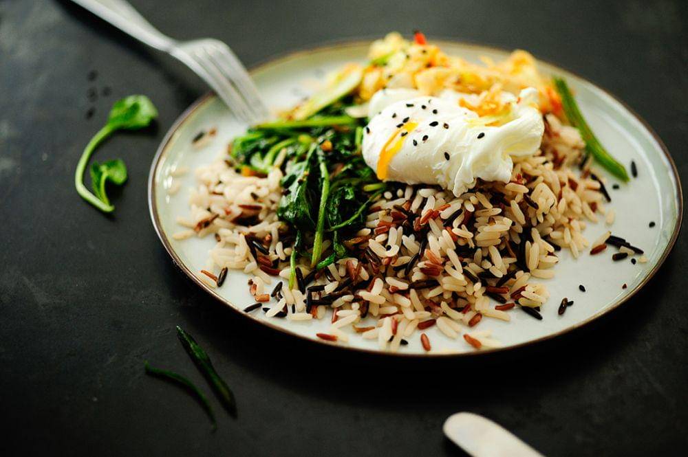 Wild rice with poached egg and kimchi (servingdumplings.com)