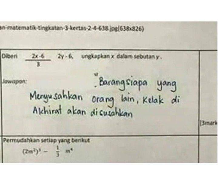 Jawaban nyeleneh siswa (instagram.com/recehan.ku)