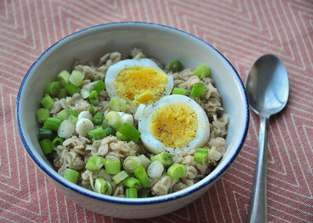 Savory oatmeal with hard boiled egg (tangledupinfood.com)