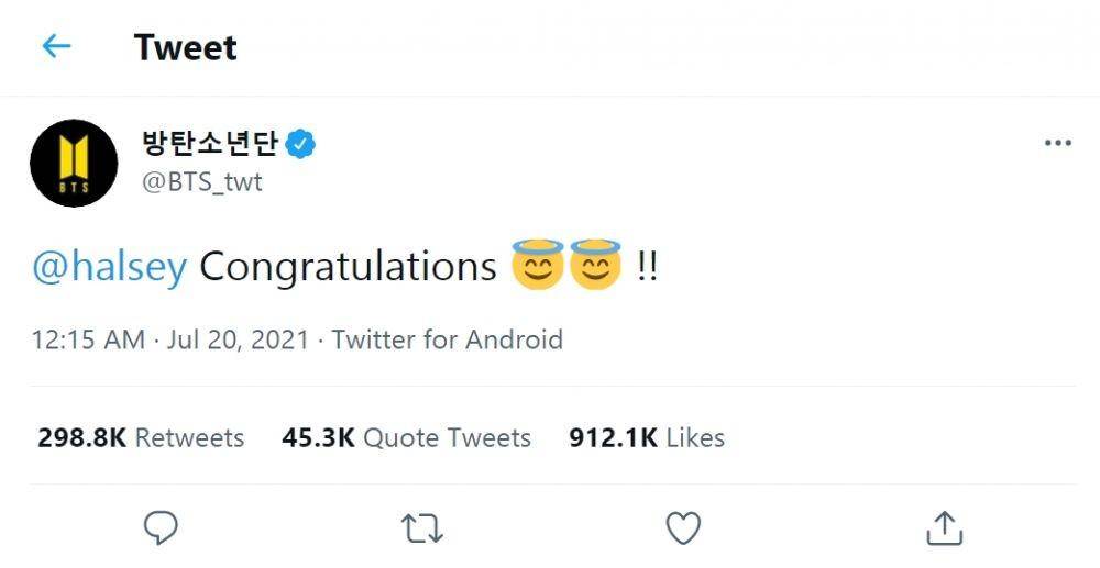 BTS ucapkan selamat atas kelahiran Halsey (twitter.com/BTS_twt)