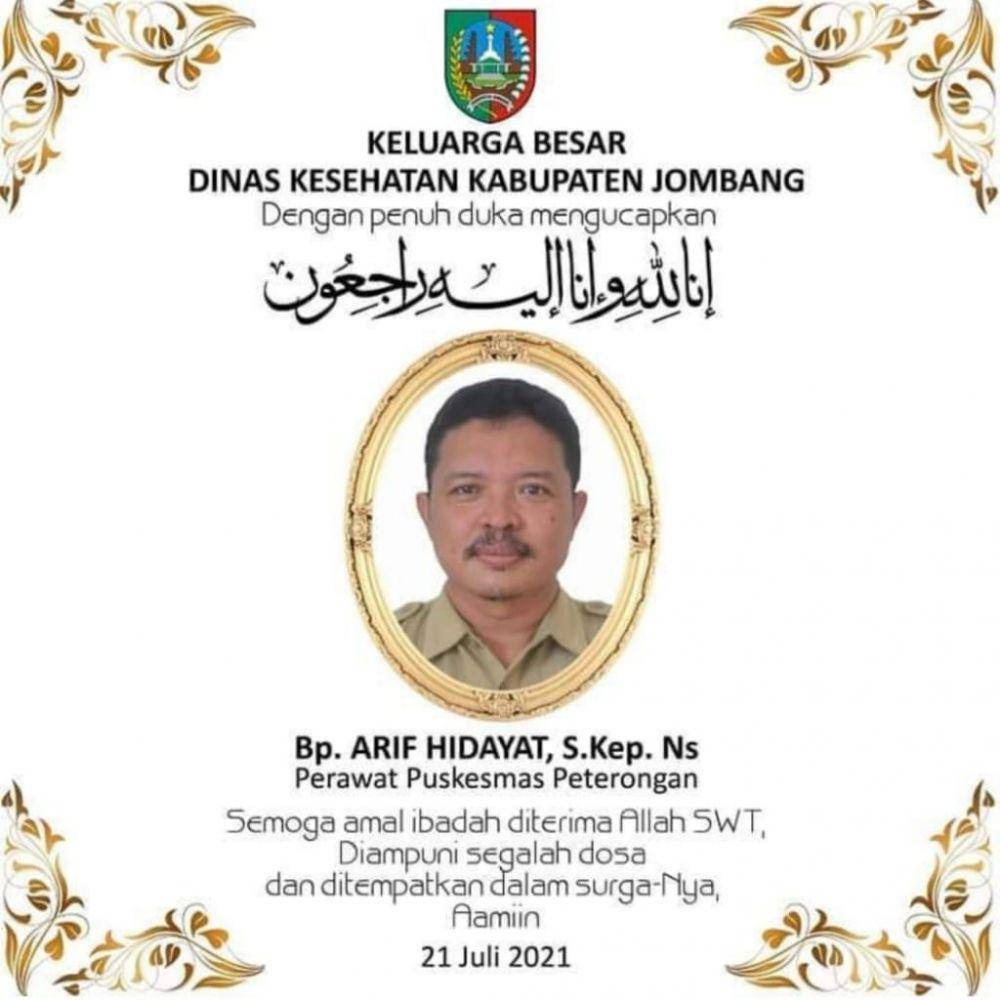 Ucapan duka perawat Puskesmas Peterongan Arif Hidayat meninggal dunia. IDN Times/ Istimewa