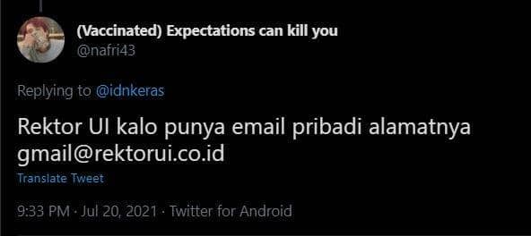 Cuitan kesaktian Rektor UI di Twitter (Twitter.com/nafri43)