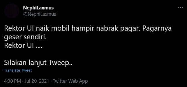 Cuitan kesaktian Rektor UI di Twitter (Twitter.com/NephiLaxmus)